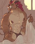 4_ears abs anthro anthrofied bed_sheet bedding bedroom bulge claws clothed clothing fangs fur genitals green_eyes hair horn male multi_ear muscular muscular_anthro muscular_male nipples pecs penis red_hair solo tail teeth underwear underwear_only ravan guild_wars rytlock_brimstone charr felid mammal absurd_res digital_media_(artwork) hi_res