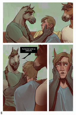 anthro barbell_piercing biped circular_barbell_piercing comic_panel facial_piercing forced forced_transformation group horse_ears male male/male male_anthro male_human male_humanoid nose_piercing piercing septum_circular_barbell septum_piercing text transformation transformation_sequence trio selezneva equid equine horse human humanoid mammal 2:3 comic english_text hi_res