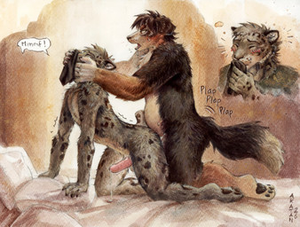 5_fingers all_fours anal anal_penetration anthro anthro_on_anthro anthro_penetrated anthro_penetrating anthro_penetrating_anthro balls bed biped black_body black_fur black_nose black_pawpads blush blush_lines bodily_fluids brown_body brown_eyes brown_fur claws clothing dipstick_tail doggystyle dream dripping drooling duo ears_back erection eyes_closed fangs fantasizing finger_claws fingers floppy_ears from_behind_position fur furniture genital_fluids genitals glans grey_body grey_fur humanoid_genitalia humanoid_penis imagining inside leopard_spots male male/male male_anthro male_penetrated male_penetrating male_penetrating_male markings nude nude_anthro nude_male on_bed open_mouth pawpads paws penetration penile penile_penetration penis penis_in_ass pivoted_ears plap precum precum_drip saliva sex slightly_chubby slightly_chubby_anthro slightly_chubby_male sniffing sniffing_clothes speech_bubble spots spotted_body spotted_fur tail tail_markings teeth underwear underwear_sniffing akatan_art bernese_mountain_dog canid canine canis domestic_dog felid mammal molosser mountain_dog pantherine snow_leopard swiss_mountain_dog 2026 hi_res painting_(artwork) signature traditional_media_(artwork) traditional_painting_(artwork) traditional_watercolor_(artwork) watercolor_(artwork)