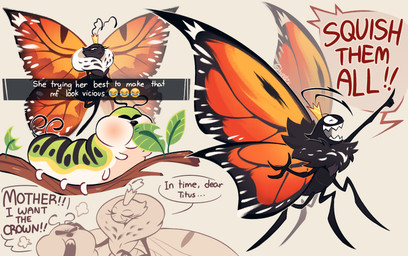 2_antennae 4_arms 4_legs 6_legs ambiguous_gender angry antennae_(anatomy) anthro arthropod_abdomen black_antennae black_body blush countershading crown dialogue duo eating elderly elderly_anthro elderly_female emoji eyelashes eyes_closed eyespots female female_anthro feral flying good_parenting green_body headgear insect_wings leaf lepidopteran_wings markings monotone_background monotone_body multi_arm multi_limb multicolored_wings nude open_mouth orange_wings quadruped ruff side_view simple_background solo speech_bubble spread_wings standing striped_body stripes teeth text white_background white_body white_countershading wings young young_ambiguous young_feral shandzii disney hoppers_(disney) pixar insect_queen_(hoppers) titus_(hoppers) arthropod butterfly caterpillar insect larva lepidopteran monarch_butterfly 2026 digital_media_(artwork) english_text hi_res mother_(lore) mother_and_child_(lore) mother_and_son_(lore) parent_(lore) parent_and_child_(lore) parent_and_son_(lore) son_(lore)