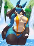 3:4 absurd_res anthro anthrofied big_breasts big_hands bikini blue_body blue_fur breasts canid choker clothed clothing detailed_background eyelashes female front_view fur generation_4_pokemon gloves_(marking) hi_res jewelry leg_markings looking_at_viewer lucario mammal markings mature_anthro mature_female navel neck_tuft necklace nintendo nipple_outline one-piece_swimsuit outside partially_submerged pokemon pokemon_(species) prick_ears racoe red_eyes skimpy sling_bikini small_waist socks_(marking) solo swimwear thick_arms thick_thighs tuft water waterfall wide_hips