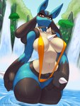 anthro anthrofied big_breasts big_hands bikini blue_body blue_fur breasts choker clothed clothing detailed_background eyelashes female front_view fur gloves_(marking) jewelry leg_markings looking_at_viewer markings mature_anthro mature_female navel neck_tuft necklace nipple_outline one-piece_swimsuit outside partially_submerged pointy_ears prick_ears red_eyes skimpy sling_bikini small_waist socks_(marking) solo swimwear thick_arms thick_thighs tuft two-piece_swimsuit water waterfall wide_hips racoe nintendo pokemon canid generation_4_pokemon lucario mammal pokemon_(species) 3:4 absurd_res hi_res