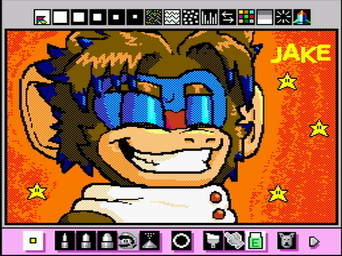 ambiguous_gender anthro big_ears clothing eyebrows grin grinning_at_viewer hair hoodie orange_background screencap simple_background smile smiling_at_viewer solo star text thick_eyebrows topwear rodricoro mario_paint nintendo haplorhine mammal monkey primate digital_media_(artwork) dithering mario_paint_(artwork)