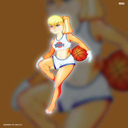 anthro basketball blonde_hair blue_eyes bottomwear breasts clothed clothing countershading crop_top female fully_clothed fur gloves hair handwear holding_basketball holding_object logo_on_shirt navel pose shirt shorts small_breasts tan_body tan_fur tank_top text topwear tune_squad_outfit white_bottomwear white_clothing white_crop_top white_shirt white_shorts white_tank_top white_topwear baxizdarkfox looney_tunes space_jam warner_brothers lola_bunny 1:1 2026 absurd_res hi_res pinup signature
