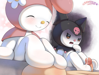 anthro blush chibi dialogue duo erection featureless_feet feet female foot_fetish foot_focus foot_play footjob fur genitals group male male/female open_mouth penis sex smile tail trio white_body pawsolie onegai_my_melody sanrio kuromi my_melody demon human lagomorph leporid mammal rabbit absurd_res digital_media_(artwork) hi_res