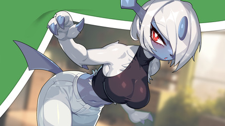 3_fingers anthro black_clothing black_topwear bottomwear breasts claws clothed clothing collarbone female finger_claws fingers fur hair hair_over_eye iris midriff one_eye_obstructed pupils red_eyes solo topwear white_body white_bottomwear white_clothing white_fur white_hair white_pupils drunk_oak nintendo pokemon absol generation_3_pokemon pokemon_(species) 16:9 2023 digital_media_(artwork) hi_res widescreen