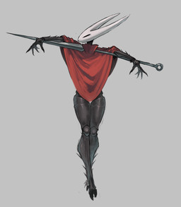 barefoot black_arms black_body black_exoskeleton black_fingers black_hands black_legs cloak cloak_only clothed clothing exoskeleton feet grey_background hornet's_needle red_cloak red_clothing simple_background solo shalopai hollow_knight_(franchise) team_cherry hornet_(hollow_knight) arthropod absurd_res hi_res