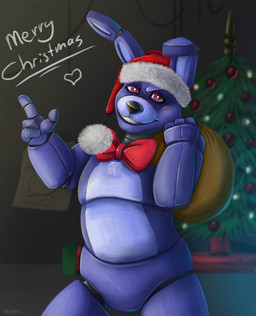 anthro bag blue_body bow_tie christmas_clothing christmas_headwear christmas_tree clothing detailed_background hat headgear headwear holidays long_ears looking_at_viewer machine male multicolored_body plant purple_eyes raised_arm santa_hat smile solo tree martiigr5 christmas five_nights_at_freddy's scottgames bonnie_(fnaf) animatronic lagomorph leporid mammal rabbit robot 2015 hi_res signature