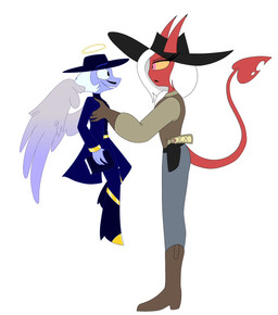 back_wings blue_body blue_skin book boots clothing duo facial_hair feathered_wings feathers female footwear gun hair halo handgun hat headgear headwear holding_book holding_object holster holstered_pistol horn jacket larger_female lifting_another long_tail male male/female mustache ranged_weapon red_body red_skin shoes size_difference smaller_male spade_tail tail topwear weapon white_hair wings cowboyncanary hellaverse helluva_boss fan_character striker_(helluva_boss) angel angel_humanoid demon demon_humanoid humanoid succubus colored flat_colors hi_res