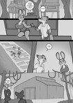 anthro big_breasts biped breasts canid canine clothed clothing comic countershade_face countershading dialogue disney duo english_text female fox freckles_(artist) hand_holding judy_hopps lagomorph leporid male mammal monochrome nick_wilde open_mouth outside plant rabbit red_fox speech_bubble tail text tree true_fox walking zootopia