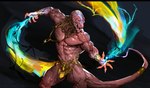 anthro black_bars bottomwear claws clothed clothing fangs gold_(metal) loincloth magic magic_user male muscular muscular_male pecs red_body solo tail teeth topless pacelic lizard reptile scalie hi_res letterbox