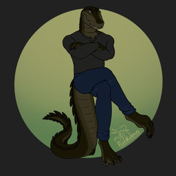 anthro clothed clothing green_body male muscular simple_background smile solo tail teeth rinkamo alligator alligatorid crocodile crocodilian reptile scalie 1:1 2025 digital_media_(artwork) hi_res procreate_(artwork) signature