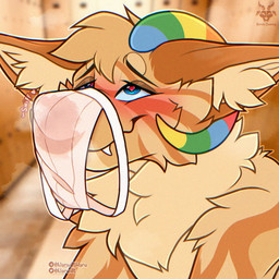 anthro black_eyebrows blue_eyes blush bodily_fluids clothing eye_roll eyebrows eyelashes fangs fluffy genital_fluids heart_eyes heart_symbol horn inner_ear_fluff inside looking_pleasured male smile sniffing sniffing_clothes snout solo teeth tuft underwear underwear_on_face underwear_sniffing narwilltharu species_request unknown_species 1:1 2026 colored digital_drawing_(artwork) digital_media_(artwork) hi_res