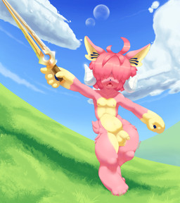 5_fingers 5_toes anthro balls big_forearms blue_pawpads cloud countershade_torso countershading cowlick day dewclaw fangs feet fingers forearms foreskin fur genitals grass hair hair_over_eyes handpaw hill holding_object holding_weapon horn humanoid_genitalia humanoid_penis light long_foreskin male melee_weapon messy_hair moon navel nipples nude open_mouth outside pawpads paws penis pink_body pink_fur pink_hair plant pointy_ears sky small_tail stamen sword tail tan_body tan_fur teeth toes tongue two_moons unretracted_foreskin weapon young young_male mklxiv cress_clarus_(mklxiv) ambiguous_species 2025 absurd_res digital_media_(artwork) hi_res lighting signature