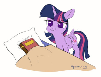 bed bedding blanket book female feral furniture horn simple_background smile solo tucking_in wings ponionyy friendship_is_magic hasbro my_little_pony mythology twilight_sparkle_(mlp) equid equine mammal mythological_creature mythological_equine winged_unicorn