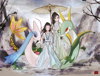 ambiguous_feral ambiguous_gender asian_clothing black_eyebrows black_hair blue_body blue_sclera brown_eyes closed_smile clothed clothed_female clothed_human clothing collarbone detailed_background east_asian_clothing eyebrows eyelashes female female_human feral fully_clothed fully_clothed_female fully_clothed_human green_body grey_eyes group hair holding_object holding_pokeball holding_umbrella japanese_clothing kimono larger_female larger_human light_body light_skin looking_at_another mouth_closed multicolored_body pokeball ponytail pupils red_eyes serpentine size_difference slit_pupils smaller_female smaller_human smile standing tail umbrella water white_body white_pupils white_sclera yellow_body yellow_tail ph42kbhk6t4fnru nintendo pokemon generation_3_pokemon generation_5_pokemon human mammal milotic pokemon_(species) serperior shiny_pokemon 2021 alternate_version_at_source digital_media_(artwork) hi_res shaded