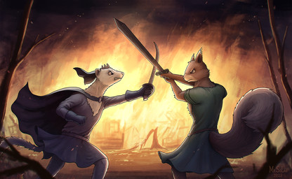 anthro clothed clothing duo female fight fire medieval melee_weapon sword swordfight weapon mr.solar nelvana redwall princess_kurda triss_(redwall) domestic_ferret eurasian_red_squirrel mammal mustelid musteline rodent sciurid tree_squirrel true_musteline weasel hi_res
