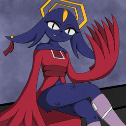 anthro avian_feet blue_body blue_fur clothed clothing ear_piercing ear_ring eyelashes female fur looking_at_viewer piercing ring_piercing sitting solo white_eyes wings shenyiolen nine_sols red_candle_games goumang_(nine_sols) felid feline mammal hi_res watermark