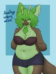 alien antennae_(anatomy) anthro belly big_belly big_breasts big_ears biped bottomwear breasts brown_body brown_fur bulge canid canine chest_tuft cleavage clothed clothing detailed_bulge digital_media_(artwork) english_text eyes_closed fur green_body gynomorph gynomorph_anthro hair hands_behind_back hi_res hybrid intersex intersex_anthro kawattame mammal markings navel overweight overweight_anthro overweight_gynomorph overweight_intersex shorts simple_background slightly_chubby smile solo tail text thick_thighs topwear tuft underwear