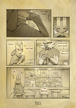 anthro bartender biped claws cloak clothing contemplating dialogue duo fingers fur hand_spike inside male page_number red_eyes sitting spikes spikes_(anatomy) tail text vial truescorn nintendo pokemon pokemon_mystery_dungeon spike_chunsoft asche_(truescorn) generation_4_pokemon generation_7_pokemon infernape lucario oranguru passimian pokemon_(species) 2026 comic english_text hi_res