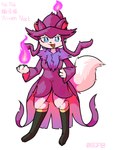 anthro blue_eyes clothing colored_fire female fire fox_tail fur ghost_fire hat headgear headwear open_mouth purple_fire simple_background solo text white_body white_fur witch_hat pogadc palworld pocketpair canid canine fox mammal pal_(species) wixen_noct 3:4 chinese_text english_text hi_res