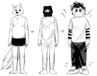 anthro clothed clothing costume furry_wearing_fursuit fursuit human_suit male reverse_furry simple_background white_background wonder3mporium canid canine canis mammal wolf absurd_res hi_res monochrome
