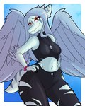 anthro biped black_bottomwear black_clothing black_crop_top black_pants black_shirt black_topwear blue_background blue_body blue_scales bone bone_frill bottomwear breasts clothed clothed_anthro clothed_female clothing crop_top elbow_feathers eyebrows feathered_wings feathers female frill_(anatomy) front_view grey_body grey_feathers grey_hair hair hand_on_hip happy jewelry long_hair looking_at_viewer low-angle_view markings medium_breasts midriff navel necklace non-mammal_breasts orange_eyes pants pose raised_inner_eyebrows scales shirt simple_background skull smile solo striped_markings stripes tail thick_thighs topwear torn_bottomwear torn_clothing torn_pants wide_hips wings davidga12rg goodbye_volcano_high fang_(gvh) prehistoric_species pterodactylus pterosaur reptile scalie 4:5 absurd_res hi_res portrait three-quarter_portrait