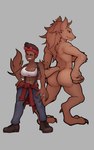 abs accessory anthro big_breasts black_sclera bottomwear breasts brown_body brown_fur brown_skin butt cleavage clothed clothing crop_top dark_body dark_skin denim denim_bottomwear denim_clothing duo ear_piercing ear_ring female footwear fur grey_background hand_on_hip headband jeans looking_at_viewer navel pants person_of_color piercing ring_piercing shirt shoes simple_background smile standing topwear markydaysaid mythology canid canine human mammal mythological_canine mythological_creature werecanid werecanine werecreature werewolf 5:8 hi_res