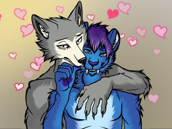 anthro arm_around_shoulders blue_body blue_fur duo fur hair heart_symbol male male/male muscular purple_hair standing thumb_on_mouth resurrecting_creatures beastars adenos_slept_(adenos) legoshi_(beastars) felid mammal prehistoric_species saber-toothed_tiger