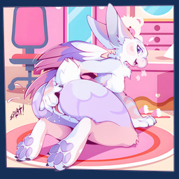 anthro bodily_fluids breasts breath exclamation_point feathered_wings feathers female genital_fluids genitals masturbation nipples non-mammal_breasts non-mammal_nipples panting pawpads purple_eyes purple_pawpads scut_tail short_tail small_breasts solo tail thick_thighs vaginal vaginal_fluids vaginal_masturbation vulva wide_hips wings ai_assisted ai_generated_background sicmop mythology emma_endorsi avian gryphon mythological_avian mythological_creature teacup_gryphon 1:1 2025 absurd_res alpha_channel hi_res