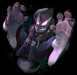 anthro barefoot claws clothing feet foot_focus fur gun hair looking_down male pawpads paws ranged_weapon smile soles solo tail teeth toes weapon kredri mammal sergal hi_res