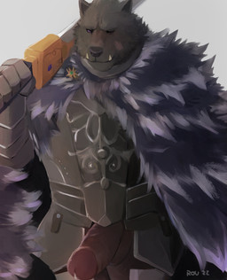 anthro armor black_nose bodily_fluids erection fur genital_fluids genitals grey_body grey_fur humanoid_genitalia humanoid_penis male melee_weapon penis simple_background solo sword teeth weapon radcanine elden_ring fromsoftware blaidd_(elden_ring) canid canine canis mammal wolf 2022 absurd_res hi_res