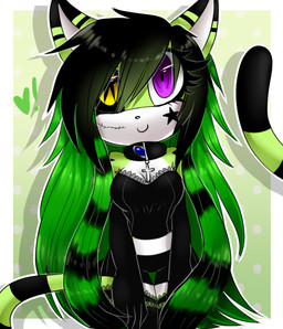 alternative_fashion anthro black_body black_bottomwear black_clothing black_collar black_fur black_gloves black_hair black_handwear black_legwear black_sclera black_shorts black_thigh_highs black_topwear border bottomwear breasts clothed clothing collar coontail_hair cross cross_necklace emo eyelashes female fur gloves green_body green_fur hair handwear heart_symbol heterochromia jewelry legwear long_hair long_tail looking_at_viewer markings medium_breasts multicolored_body multicolored_fur multicolored_hair necklace purple_eyes scar scene_(fashion) scene_haircut shorts skimpy smile solo star_tattoo striped_markings striped_tail stripes tail tail_markings tattoo thigh_highs topwear two_tone_body two_tone_fur two_tone_hair white_border yellow_eyes farfromserious fan_character yushi_the_cat domestic_cat felid feline felis mammal 2016 digital_drawing_(artwork) digital_media_(artwork) green_theme hi_res