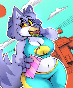 anthro beverage big_breasts black_eyebrows black_nose blue_body blue_fur blue_hair bottomwear breasts building burger cleavage clothed clothed_anthro clothed_female clothing cloud container countershading crop_top cup curvy_figure day detailed_background dipstick_tail drinking_straw eating eating_food eye_through_hair eyebrow_through_hair eyebrows eyelashes female female_anthro fingers food fur gloves_(marking) hair holding_beverage holding_burger holding_container holding_cup holding_food holding_object markings midriff navel outside power_lines pupils purple_body purple_ears purple_fur purple_hair red_pupils shirt sky slightly_chubby slightly_chubby_anthro slightly_chubby_female solo tail tail_markings teal_bottomwear teal_clothing teal_topwear thick_thighs topwear translucent translucent_hair utility_pole wide_hipped_anthro wide_hipped_female wide_hips yellow_sclera cloudidoodles roxanne_oxley canid canine fox mammal 2023 absurd_res digital_drawing_(artwork) digital_media_(artwork) hi_res portrait three-quarter_portrait