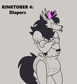 abdl anthro bondage_gear bondage_gloves bow_ribbon clothing diaper handwear male object_in_mouth pacifier pacifier_in_mouth solo rusheloc kinktober kinktober_2025 rush_eloc_(rusheloc) canid canine canis mammal wolf 2025 hi_res