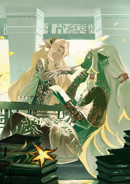 5_fingers anthro blonde_hair blue_eyes book boop canon_couple duo ear_piercing female fingers flower green_eyes hair husband_and_wife jewelry male male/female mane married_couple nose_boop piercing plant reading white_mane togenasi_furiko nintendo tears_of_the_kingdom the_legend_of_zelda rauru_(tears_of_the_kingdom) sonia_(tloz) humanoid hylian zonai better_version_at_source digital_media_(artwork) green_theme hi_res