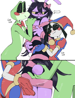 anthro black_hair butt butt_grab clothing female female/female fool's_hat green_body group hair hand_on_butt hat headgear headwear long_hair simple_background tail text trio white_background casto glitch_productions the_amazing_digital_circus gooseworx's_post-transition_jax_design jax_(tadc) pomni_(tadc) ribbit_(tadc) amphibian frog humanoid lagomorph leporid mammal rabbit comic english_text hi_res trans_(lore)