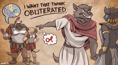 angry anthro armor bared_teeth black_body black_fur bottomwear brown_body brown_fur butt cat_tail clothing conversation_without_dialog curly_hair ear_piercing ear_ring egyptian female footwear fur gender_symbol gesture gold_(metal) gold_jewelry group hair hand_gesture history jewelry loincloth male male/male male_symbol male_symbol_penetration piercing pointing pointing_at_another rear_view red_cloth red_clothing ring_piercing roman roman_clothing roman_empire roman_helmet sandals shirt shoes simple_background size_difference speech_bubble symbol tail teeth text thought_bubble topwear translucent translucent_clothing tunic white_clothing wrist_guards yellow_body yellow_fur nanoff cleopatra marcus_agrippa mark_antony octavianus_augustus canid canine canis domestic_cat felid feline felis mammal wolf digital_media_(artwork) english_text reaction_image signature story story_at_source story_in_description