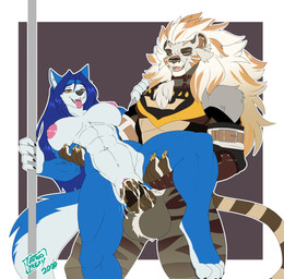 anthro anthro_on_anthro balls blue_body blue_fur blue_hair bodily_fluids breasts brown_body brown_fur claws clothed clothing cum cum_in_vagina cum_inside duo fangs female female_penetrated fluffy fluffy_tail fur genital_fluids genitals hair interspecies looking_pleasured male male/female male_penetrating male_penetrating_female multicolored_body multicolored_fur muscular muscular_anthro muscular_female muscular_male nipples open_mouth open_smile orange_eyes orgasm orgasm_face partially_clothed penetration penile penile_penetration penis penis_in_vagina pole sex simple_background smile tail teeth tongue tongue_out two_tone_body two_tone_fur vaginal vaginal_penetration vein veiny_penis vulva white_body white_fur tattoorexy hopey canid canine canis felid lion mammal pantherine wolf
