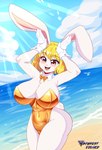 anime_eyes anime_style anthro big_breasts blonde_hair breasts bunny_costume camel_toe clothed clothing costume female gloves hair handwear happy huge_breasts orange_eyes sky smile smiling_at_viewer solo tail white_body byghosteduard one_piece carrot_(one_piece) lagomorph leporid mammal minkmen_(one_piece) rabbit absurd_res hi_res