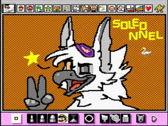 anthro art_program_in_frame beak clothing feathers gesture hand_gesture looking_at_viewer male screencap simple_background solo star v_sign white_body white_feathers rodricoro mario_paint mythology soleonnel anatid anseriform anserine avian bird goose gryphon mythological_avian mythological_creature bust_portrait digital_media_(artwork) dithering mario_paint_(artwork) portrait