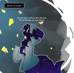 anthro bikini bikini_top black_body clothing female grey_clothing hoodie long_sleeves purple_body solo swimwear tail text topwear two-piece_swimsuit white_eyes shiyaa_stuff rain_world videocult watcher_(rain_world) humanoid slugcat english_text