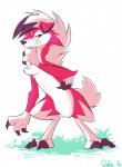 ambiguous_gender anthro claws fur question_mark red_body red_eyes red_fur semi-anthro simple_background solo white_background white_body white_fur frozenquills nintendo pokemon canid canine generation_7_pokemon lycanroc mammal midnight_lycanroc pokemon_(species) 2016 hi_res