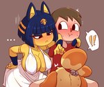 anthro blue_hair blush bodily_fluids breasts brown_hair caught cleavage clothed clothing dress exclamation_point fellatio female group hair human_on_anthro interspecies male male/female oral penile red_clothing red_shirt red_topwear sex shirt sweat topwear trio white_clothing white_dress prokylan animal_crossing nintendo ankha_(animal_crossing) isabelle_(animal_crossing) villager_(animal_crossing) canid canine canis domestic_cat domestic_dog felid feline felis human mammal shih_tzu toy_dog 2025 absurd_res hi_res