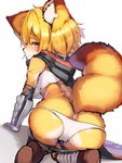 alternate_species anthro anthrofied armwear blush camel_toe clothed clothing eyebrows female female_anthro fluffy fluffy_tail fur furrification hair kemono looking_at_viewer looking_back multicolored_body panties raised_inner_eyebrows scar simple_background solo tail underwear white_body white_fur yellow_body yellow_eyes yellow_fur tabhead arknights hypergryph studio_montagne vermeil_(arknights) canid canine fox mammal 2020 absurd_res hi_res translated_description