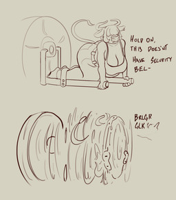 all_fours anthro big_breasts big_butt breasts butt cleavage clothed clothing ear_piercing ear_ring female horn kneeling piercing raised_tail ring_piercing solo spinning tail text thick_thighs hangedc judy_(hangedc) bovid bovine cattle mammal english_text hi_res monochrome