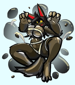 anthro bandeau big_breasts black_hair black_sclera breasts brown_body clothed clothing female grey_body hair looking_at_viewer multicolored_body skimpy slime solo spread_legs spreading tail thick_thighs topwear two_tone_body yellow_eyes aygee mir_(swiwwel) canid canine mammal 2026