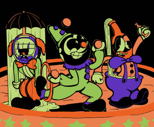 alcohol anthro ball beer beer_bottle beverage billiard_ball bottle bottomwear bow_tie cheering circus clothing clown clown_costume clown_makeup clown_nose container for_a_head frown group holidays juggling large_bow male onesie overalls pants poker_chip raining ring trio umbrella_hat wet crazy_8_animations halloween 8-ball_the_magician chip_highroller mr_gigglewater object_head