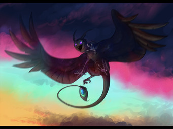 ambiguous_gender beady_eyes beak black_body black_wings cloud feathered_wings feathers feral flying front_view glistening glistening_eyes open_mouth solo spade_tail tail unsigned wings kardinaluz avian bird hybrid owl 4:3 full-length_portrait hi_res letterbox portrait
