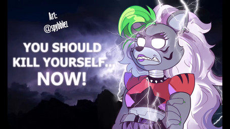 ai_voice anthro arm_warmers armwear black_nose bullying cheek_tuft clenched_teeth clothing cloud collar colored_nails crop_top crossed_arms cruelty death_threat dialogue ear_piercing ears_up electricity eyebrow_piercing eyelashes eyeliner facial_piercing facial_tuft female fur glowing glowing_eyes green_hair green_nails grey_body grey_fur grey_hair hair insult insulting_viewer lightning lipstick long_hair machine makeup midriff nails oral_request piercing purple_arm_warmers purple_armwear purple_clothing purple_lipstick red_clothing red_topwear requesting segmented_body sex_request sharp_teeth shirt shitpost shoulder_pads solo spiked_collar spikes suicide_baiting teeth text topwear tuft white_eyes spybblez third-party_edit five_nights_at_freddy's five_nights_at_freddy's:_security_breach low_tier_god scottgames steel_wool_studios roxanne_wolf animatronic canid canine canis mammal robot robot_anthro wolf 16:9 2021 2023 animated digital_media_(artwork) draw_over english_text hi_res lol_comments long_playtime meme reaction_image sound sound_edit video voice_acted watermark widescreen